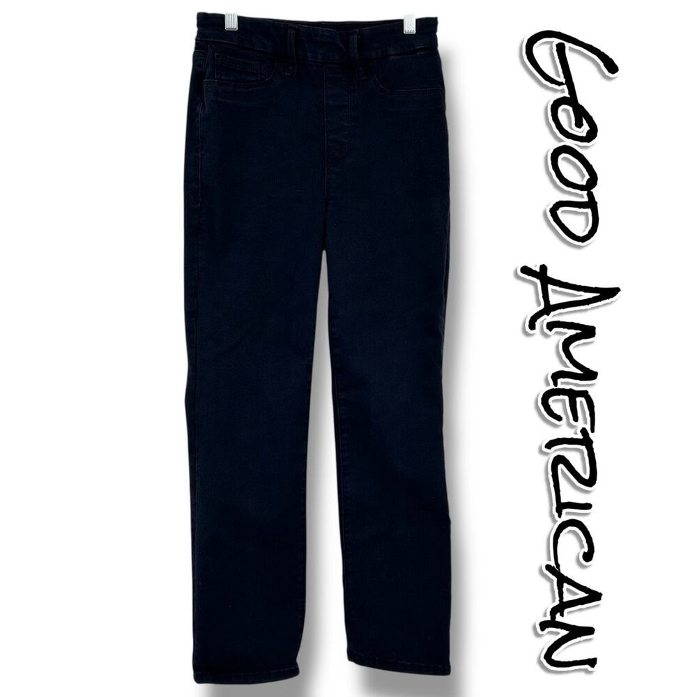 Good American Power Stretch Pull‑On Straight Jeans Black Sculpting Womens Sz S
